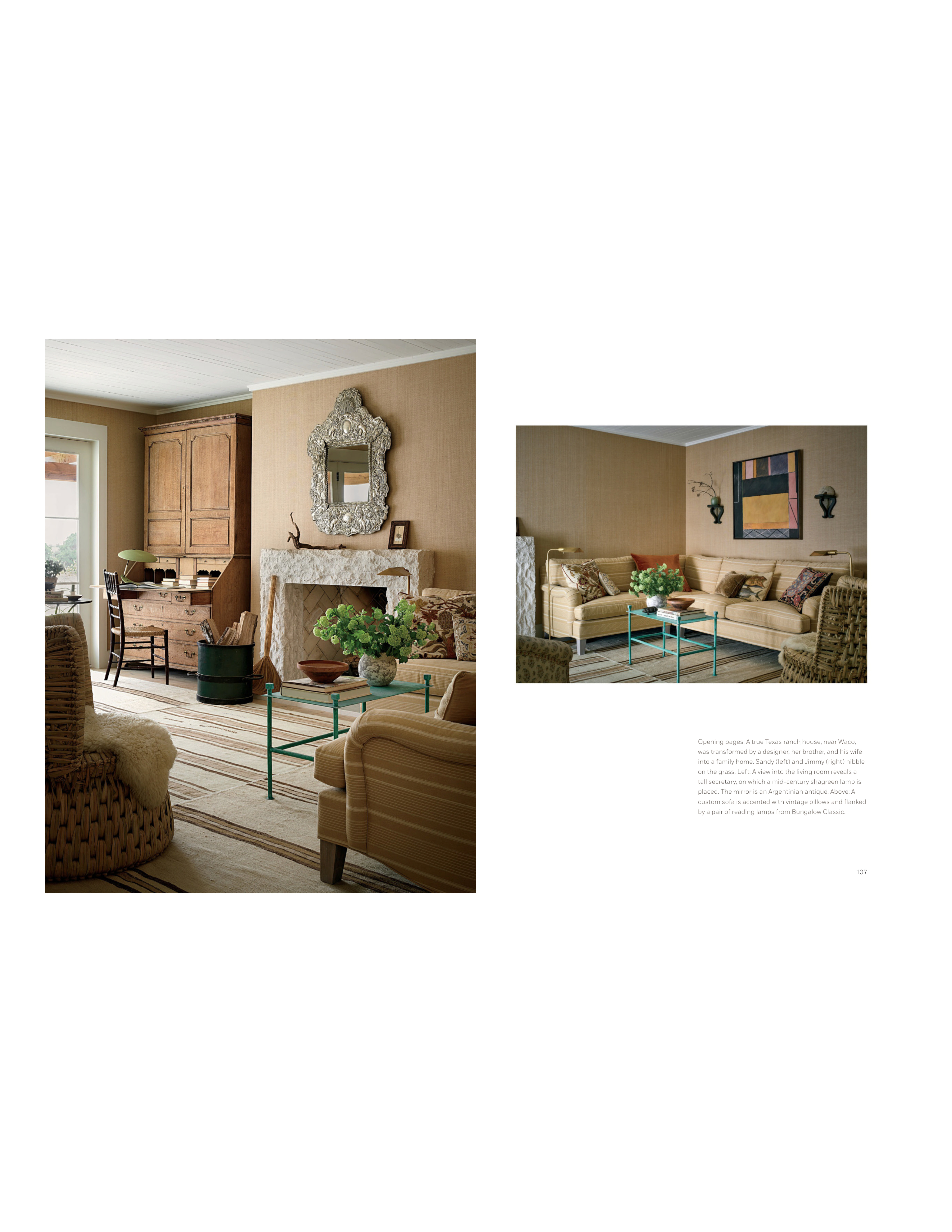 Elegant living room with beige walls, cozy seating, and decorative mirror.