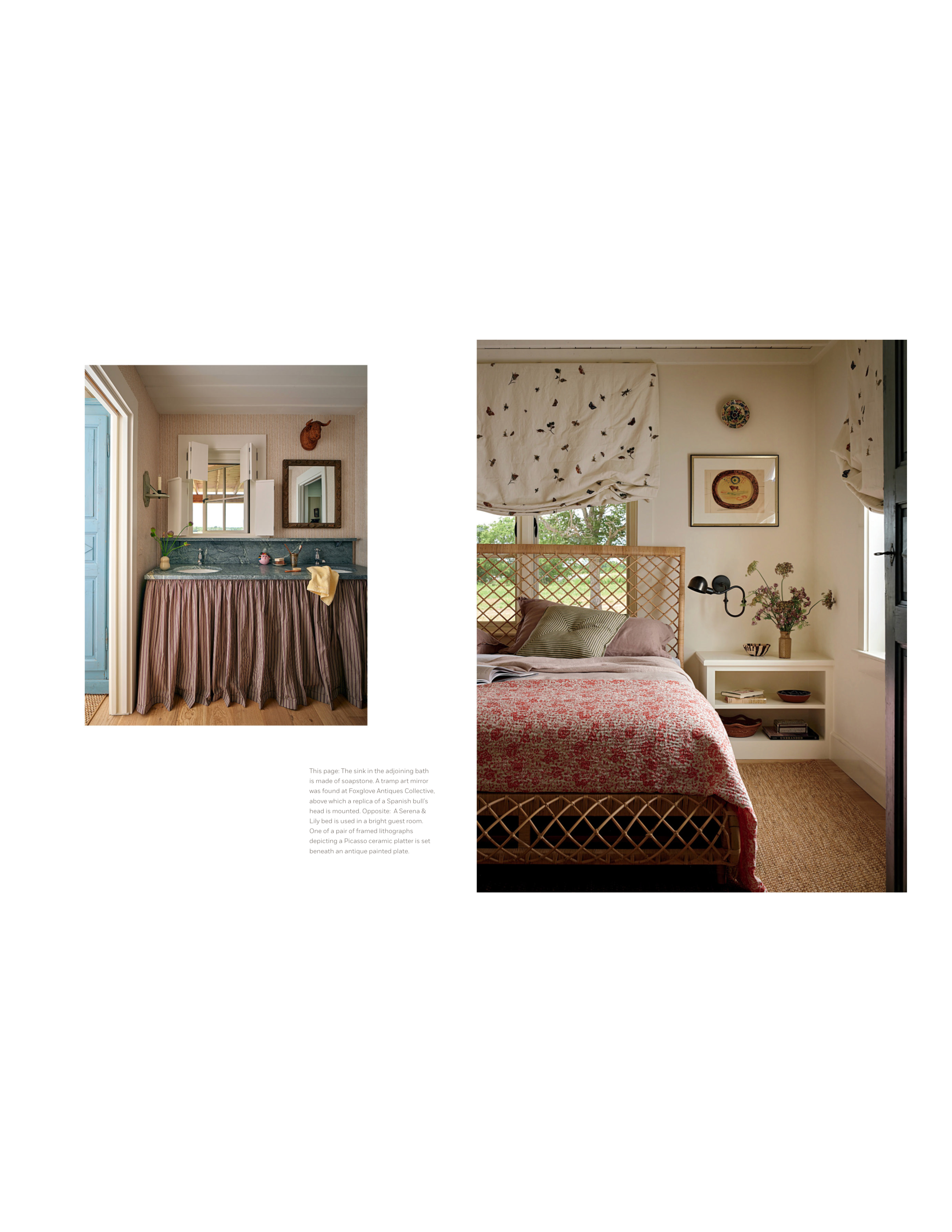 Interior design of a vintage bedroom and bathroom with classic decor.